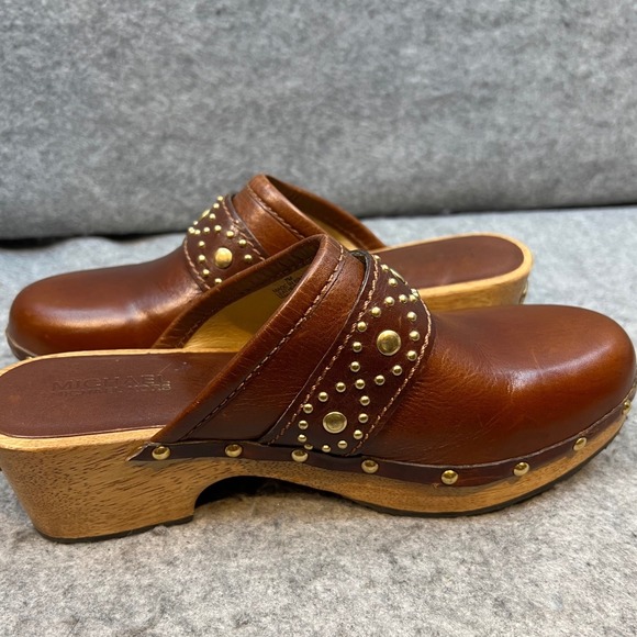 Michael Kors Studded‎ Leather Clogs Mules Brown Wooden Heel Women's Shoes Size 7 - Picture 8 of 9
